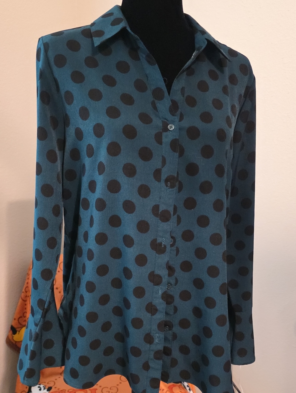 NY collection Polka Dot Button-Up Blouse in Teal and Black